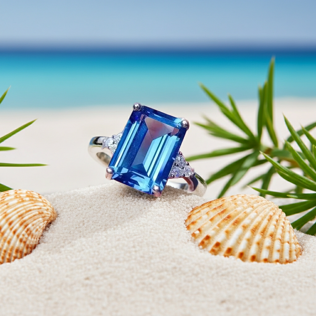 Natural London Blue Topaz ring featuring a genuine 10x14mm emerald-cut gemstone with trillion-cut cubic zirconia side stones in platinum-plated 925 sterling silver, front view.