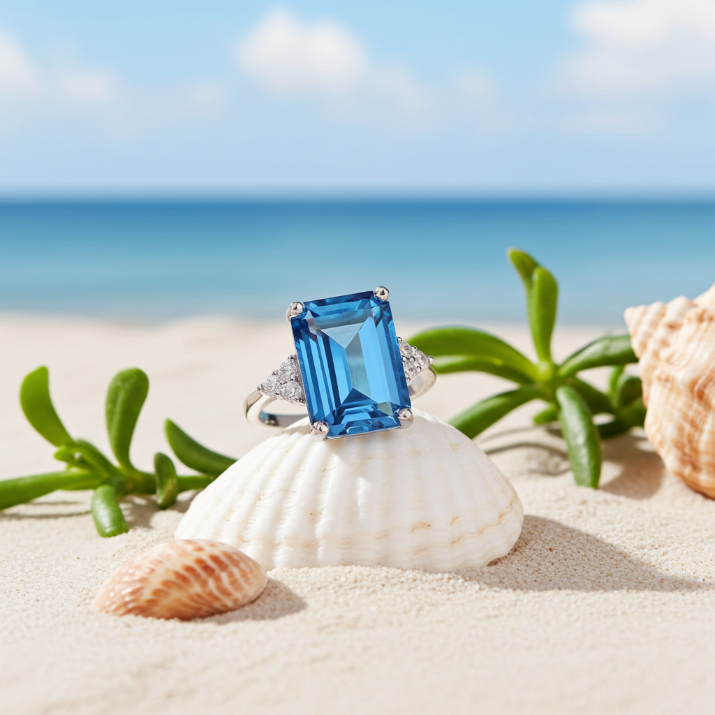 Natural London Blue Topaz ring featuring a genuine 10x14mm emerald-cut gemstone with trillion-cut cubic zirconia side stones in platinum-plated 925 sterling silver, front view.