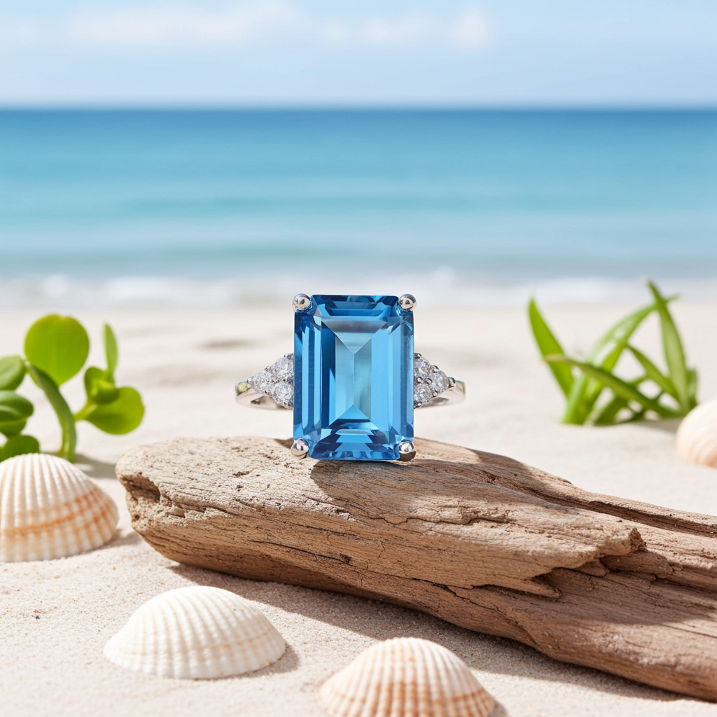 Natural London Blue Topaz ring featuring a genuine 10x14mm emerald-cut gemstone with trillion-cut cubic zirconia side stones in platinum-plated 925 sterling silver, front view.