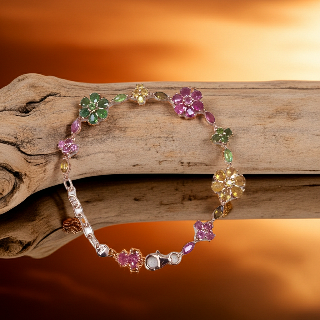 Natural Brazilian Tourmaline Tennis Bracelet, Tourmaline Flower Bracelet