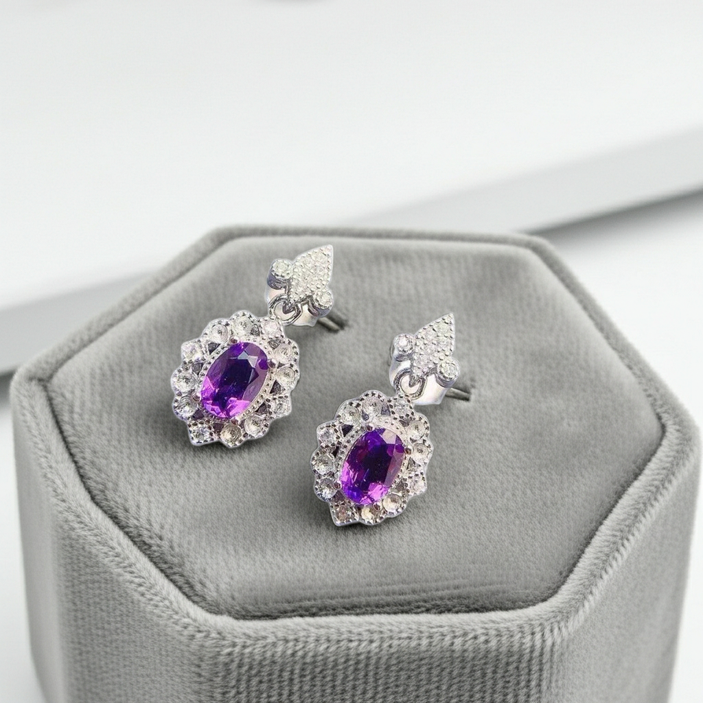 Amethyst Dangle Earrings 4x6mm Platinum Plated