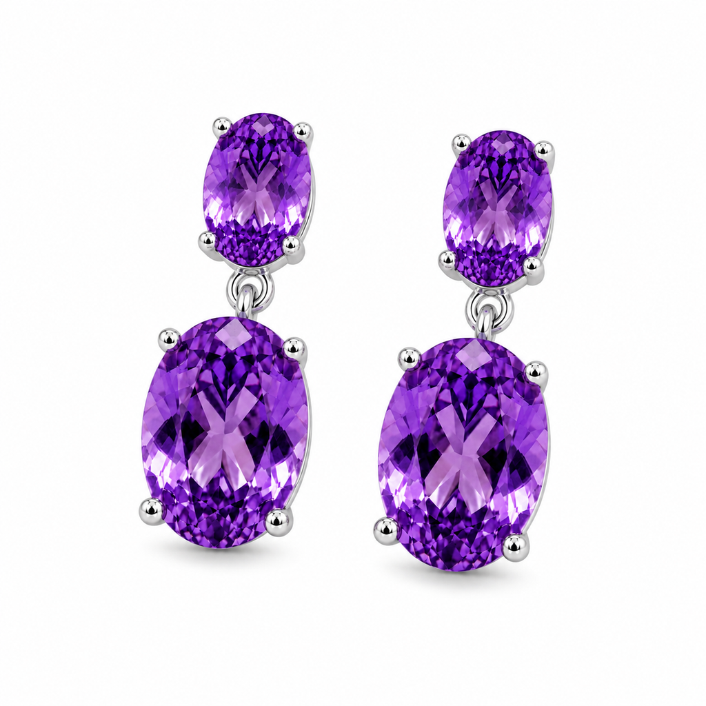 Natural Amethyst dangle earrings shown from an angled view