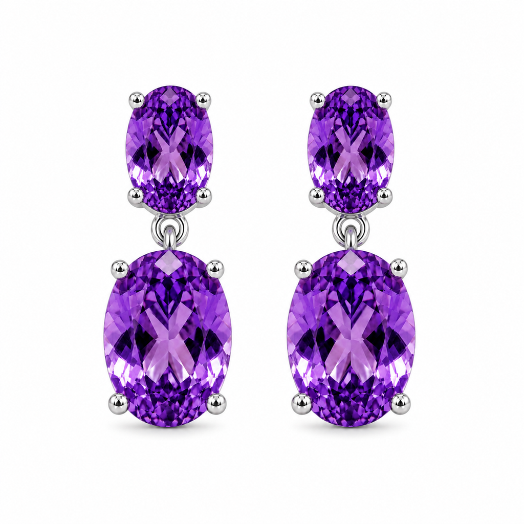 Front view of natural Amethyst earrings with graduated oval gemstones