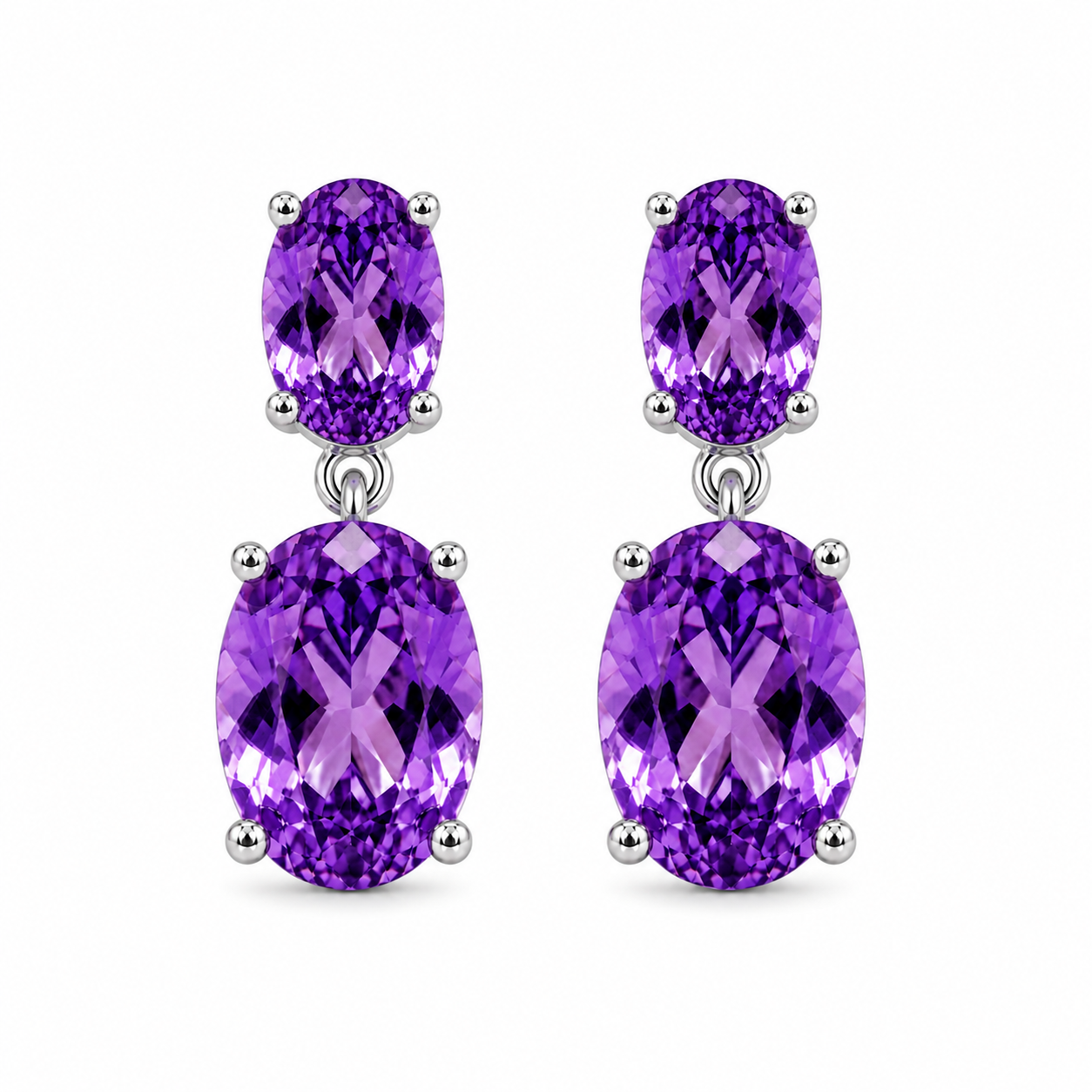 Front view of natural Amethyst earrings with graduated oval gemstones