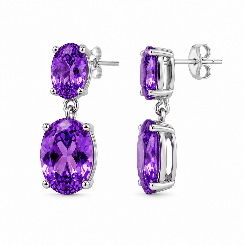 Side view of natural Amethyst dangle earrings showing the gemstone settings