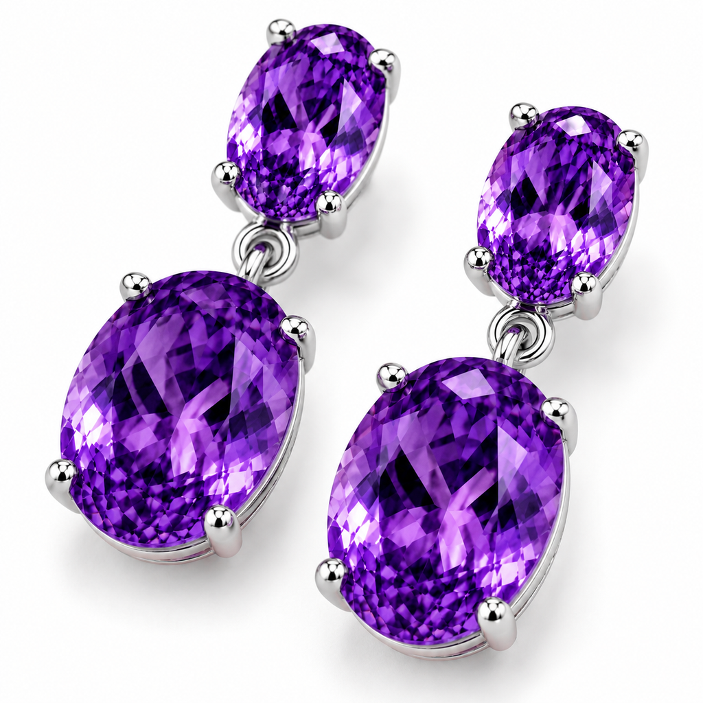 Close-up of faceted natural Amethyst gemstones in Sterling Silver earrings