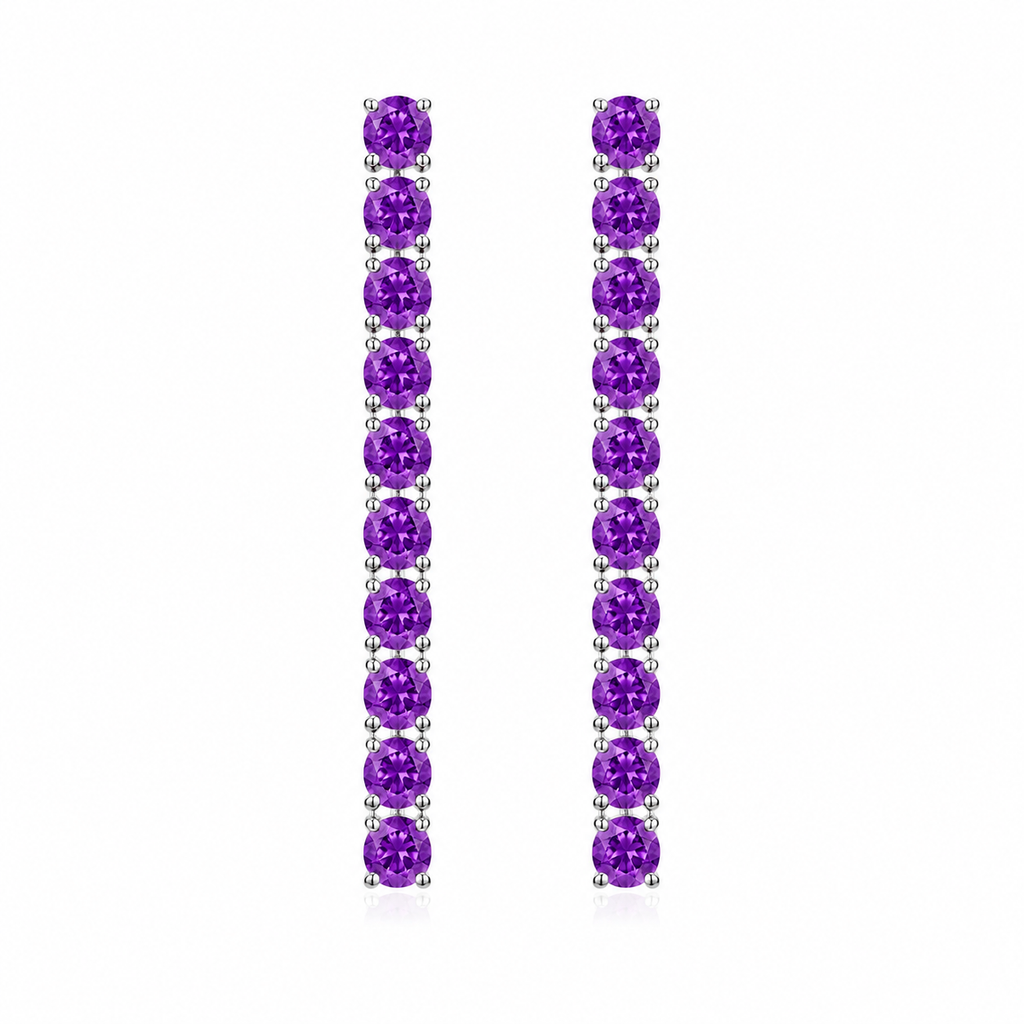Phimsera 3mm round natural purple amethyst dangle earrings with 10 gemstones per earring in 925 sterling silver