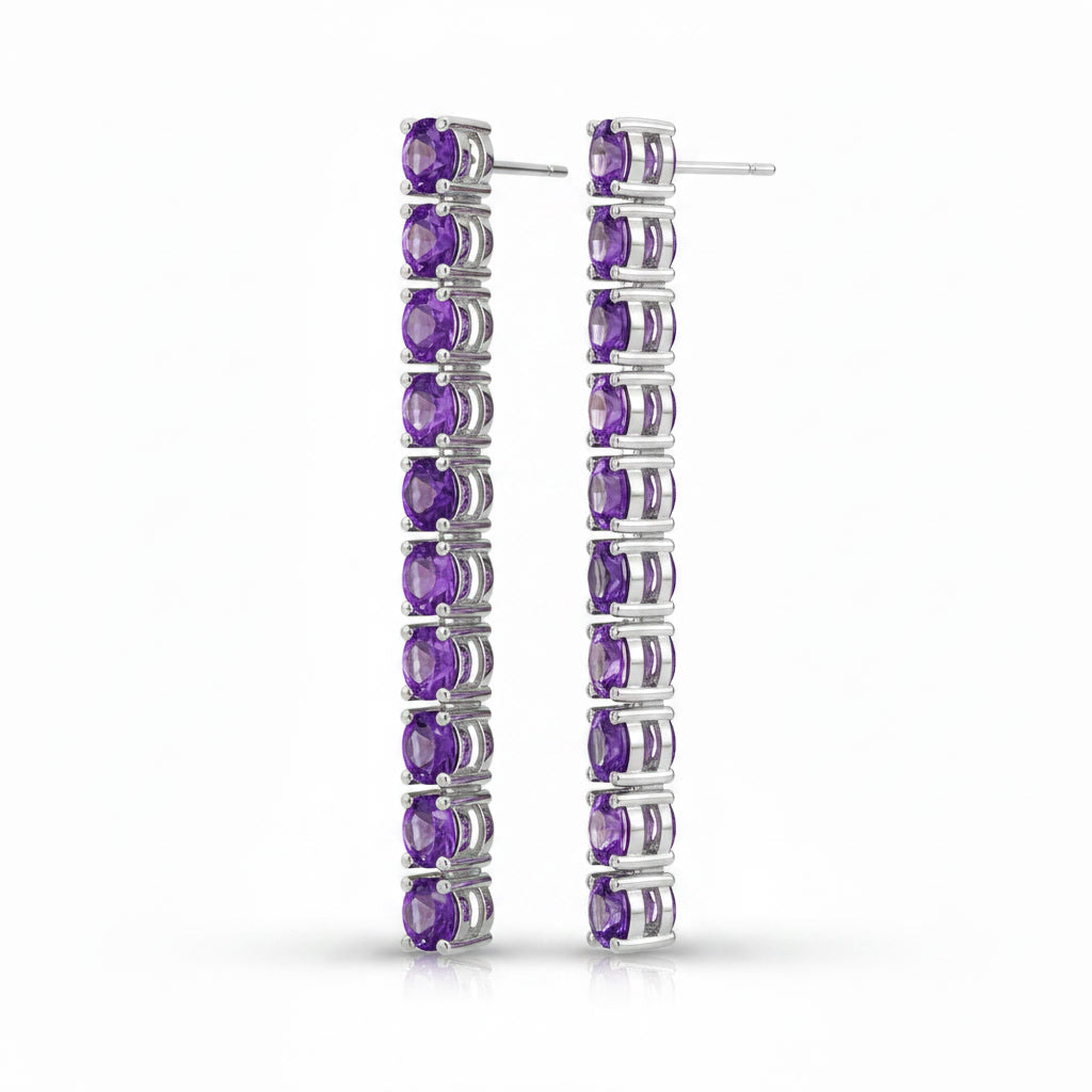 Close angled view of Phimsera 3mm round purple amethyst dangle earrings featuring 10 gemstones on each earring