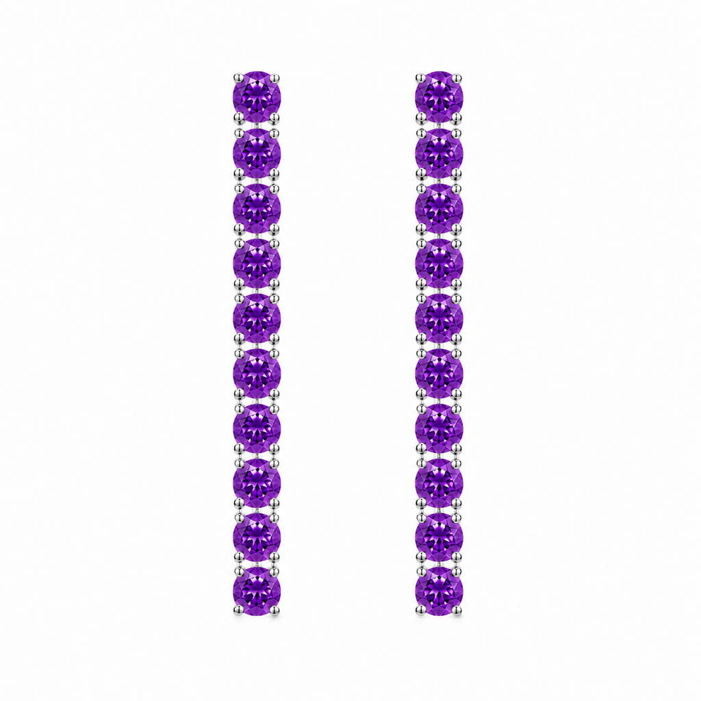 Front view of long 3mm round amethyst dangle earrings with 20 natural purple gemstones per pair