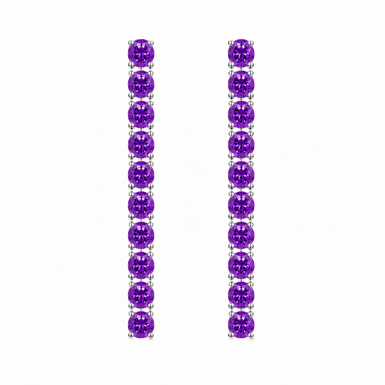 Front view of long 3mm round amethyst dangle earrings with 20 natural purple gemstones per pair