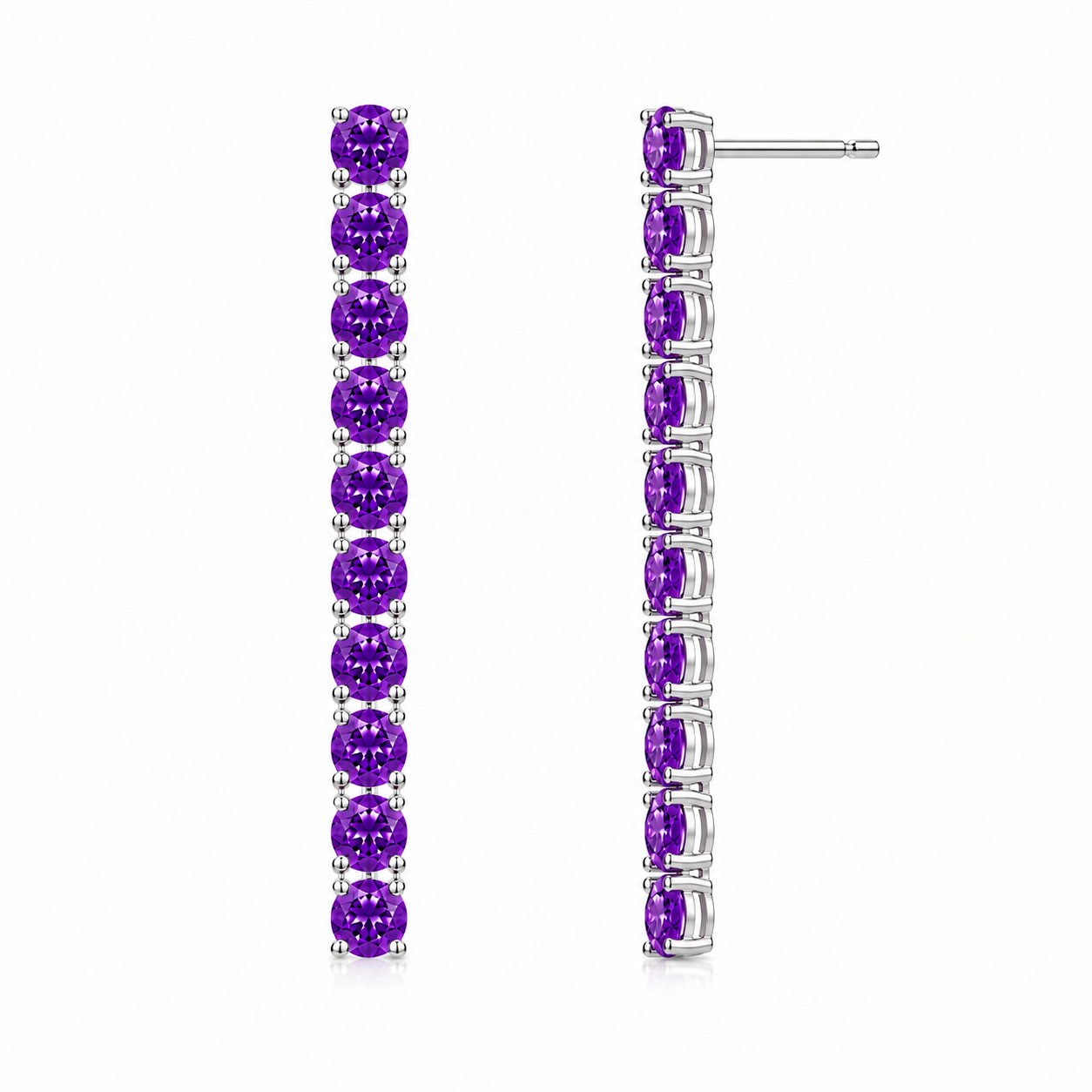 Side view of Phimsera natural amethyst dangle earrings showing the elongated vertical gemstone design and sterling silver settings