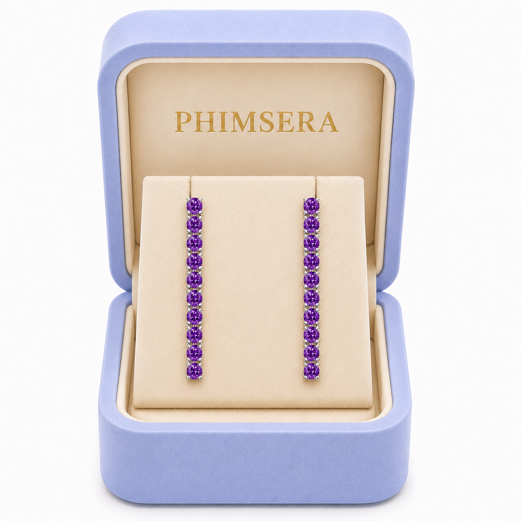 Phimsera 3mm round natural purple amethyst dangle earrings presented inside a Phimsera jewelry box