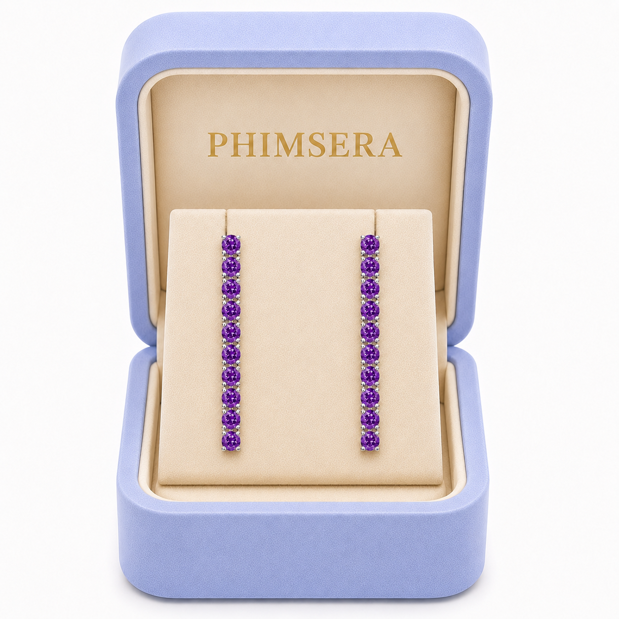 Phimsera 3mm round natural purple amethyst dangle earrings presented inside a Phimsera jewelry box