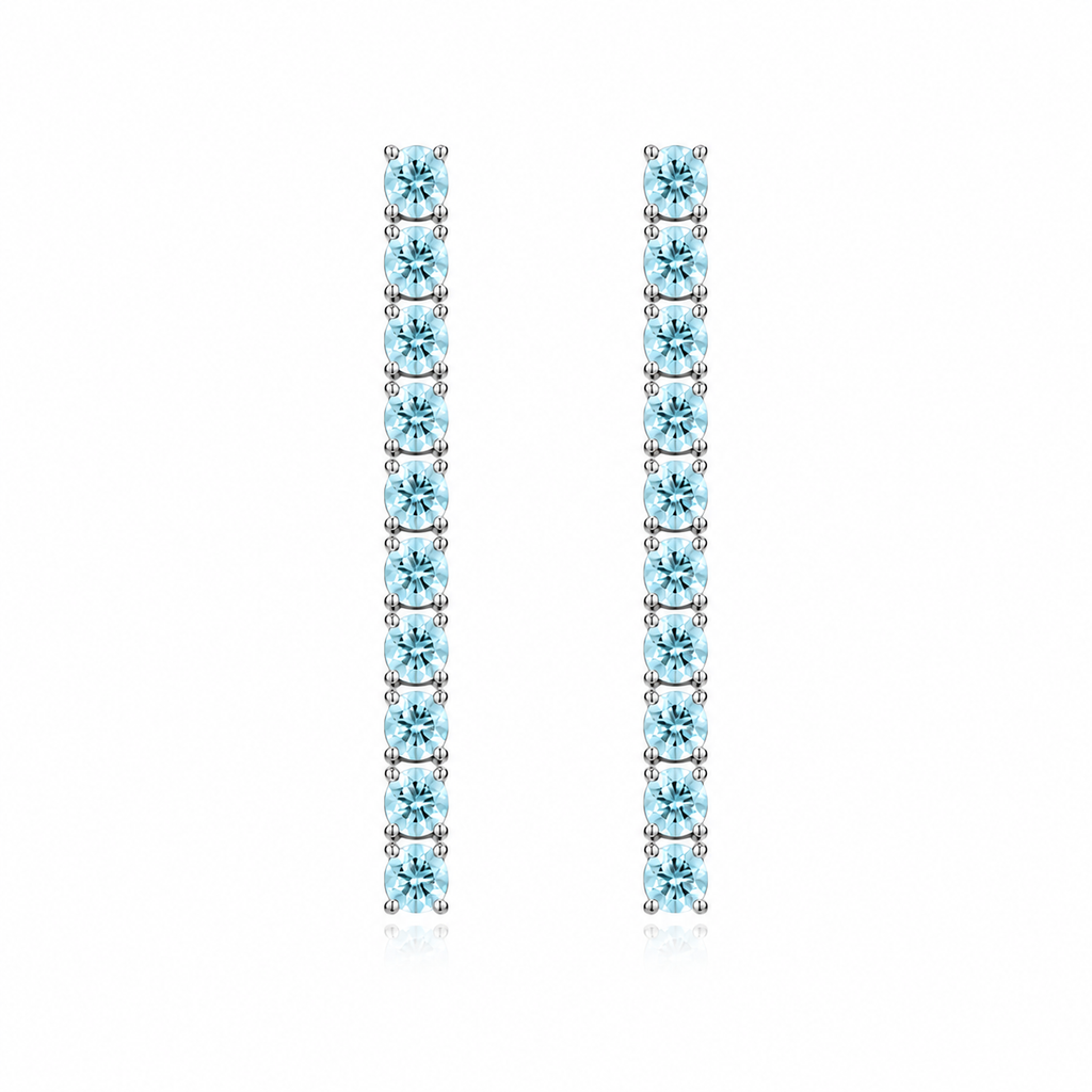 Phimsera 3mm round natural aquamarine dangle earrings with 10 gemstones per earring in 925 sterling silver