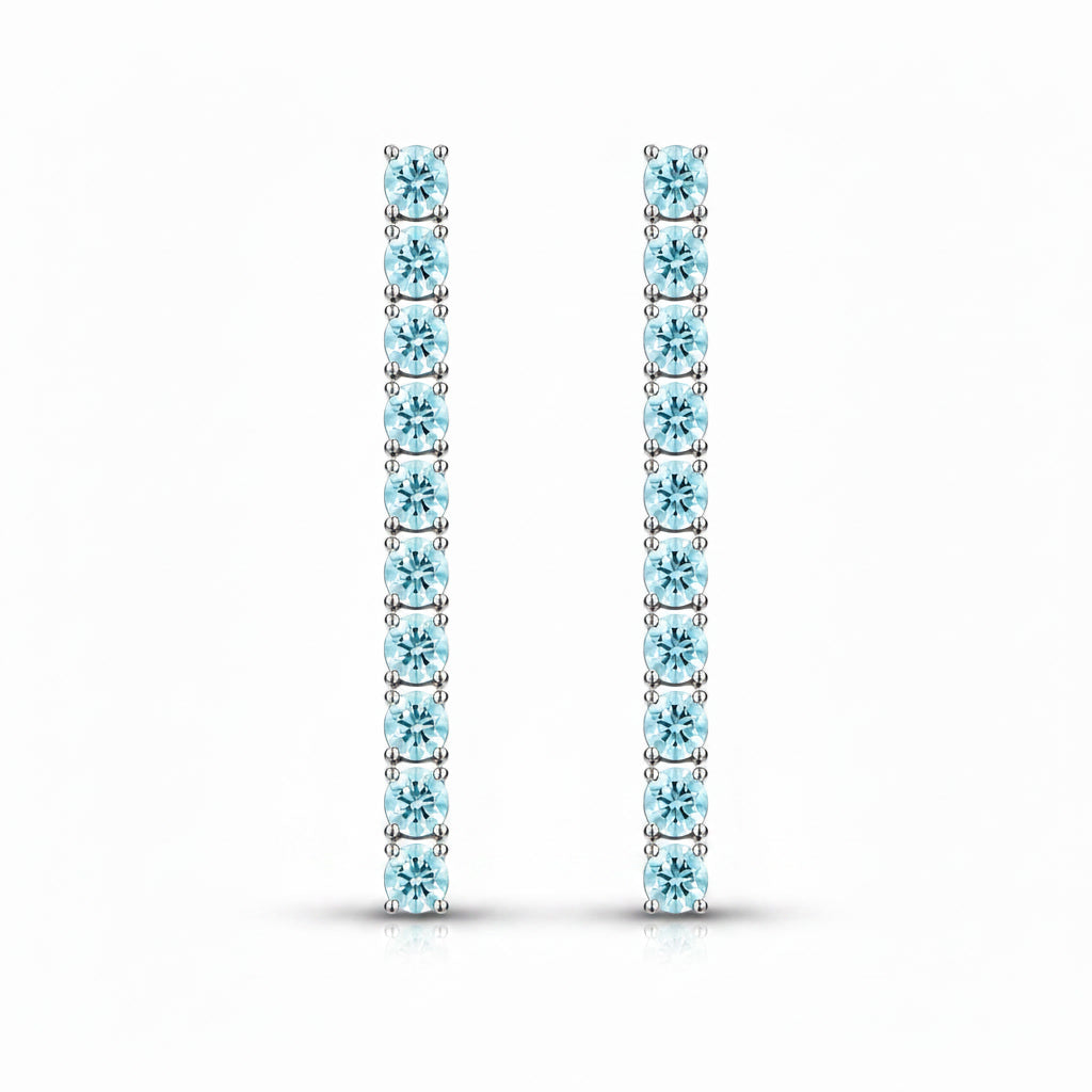 Front view of long 3mm round aquamarine dangle earrings with 20 natural blue gemstones per pair