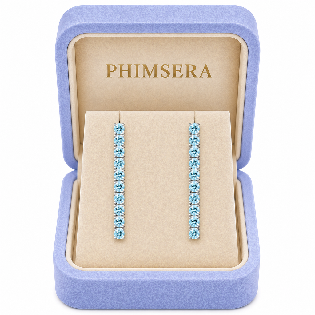 Phimsera 3mm round natural aquamarine dangle earrings presented inside a Phimsera jewelry box