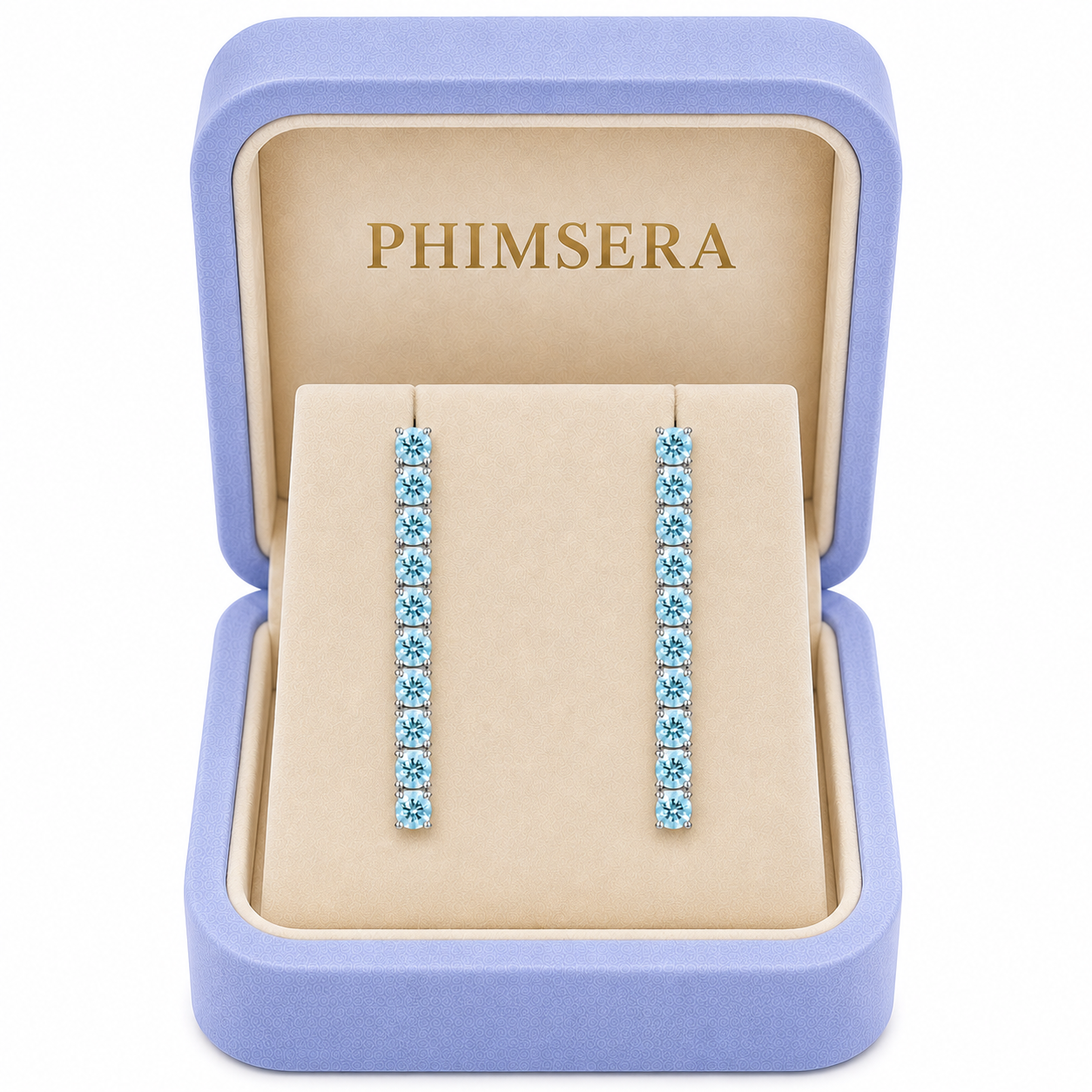 Phimsera 3mm round natural aquamarine dangle earrings presented inside a Phimsera jewelry box