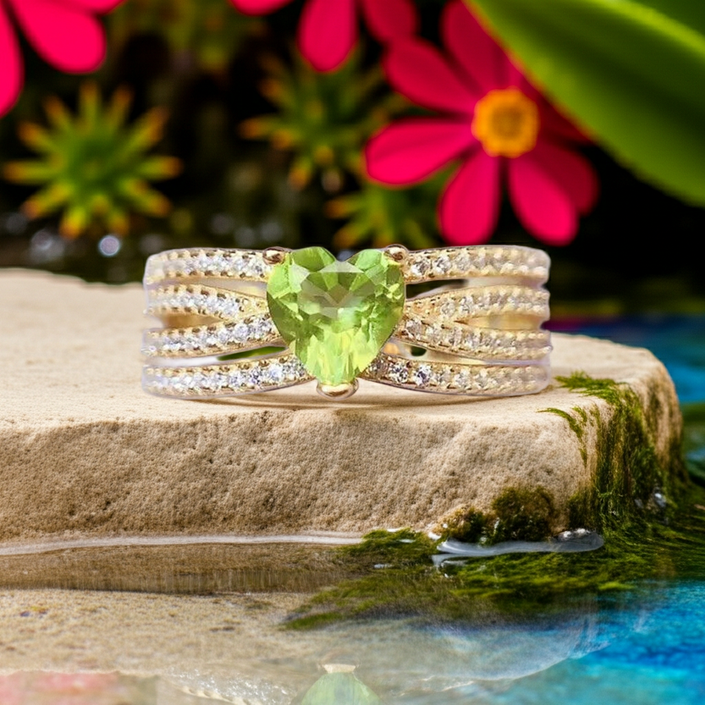 Natural Peridot Gemstone Heart Ring 6mm, August Birthstone Peridot Ring
