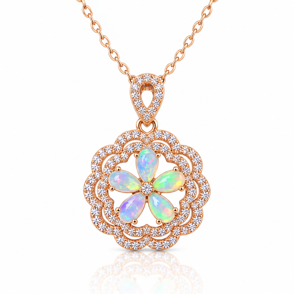 Natural Fire Opal flower necklace with five 3x5mm multicolor Fire Opal gemstones in rose gold plated 925 sterling silver