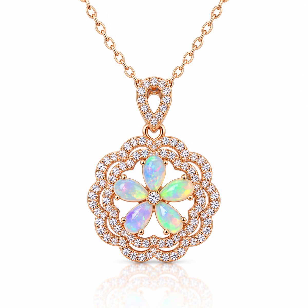 Natural Fire Opal flower necklace with five 3x5mm multicolor Fire Opal gemstones in rose gold plated 925 sterling silver