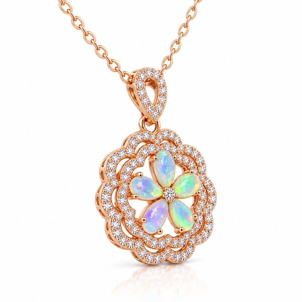 3x5mm Natural Fire Opal floral pendant necklace with multicolor opal play-of-color and rose gold plated sterling silver
