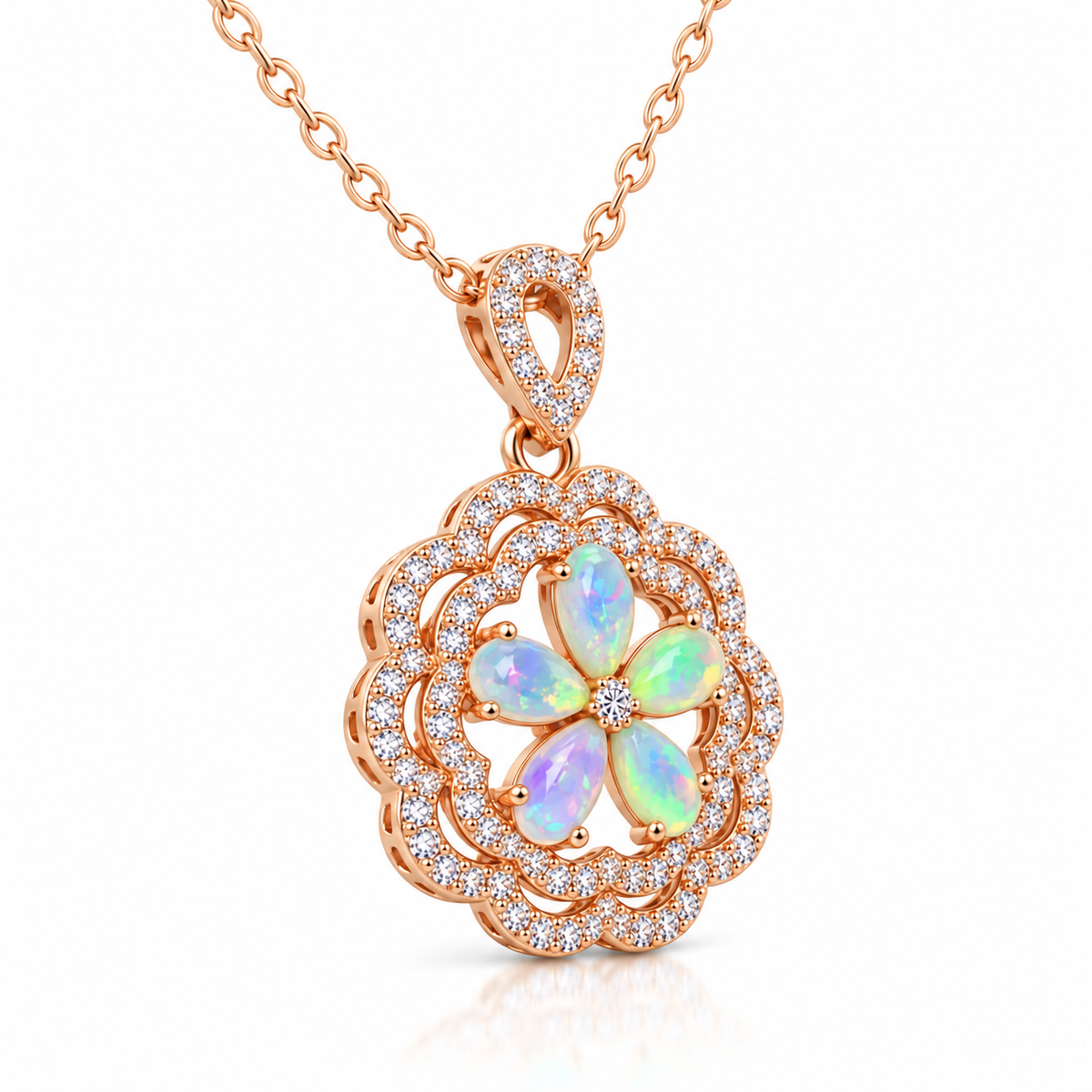 3x5mm Natural Fire Opal floral pendant necklace with multicolor opal play-of-color and rose gold plated sterling silver