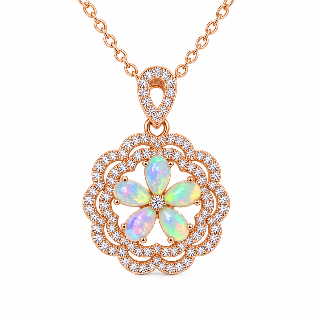 Close-up of five 3x5mm Natural Fire Opal gemstones arranged as a flower pendant necklace