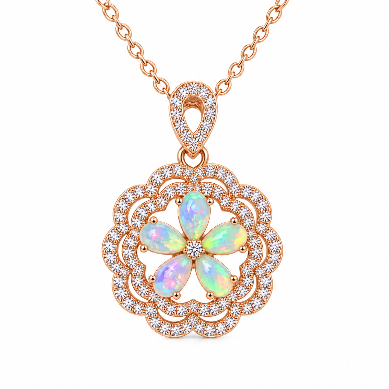Close-up of five 3x5mm Natural Fire Opal gemstones arranged as a flower pendant necklace
