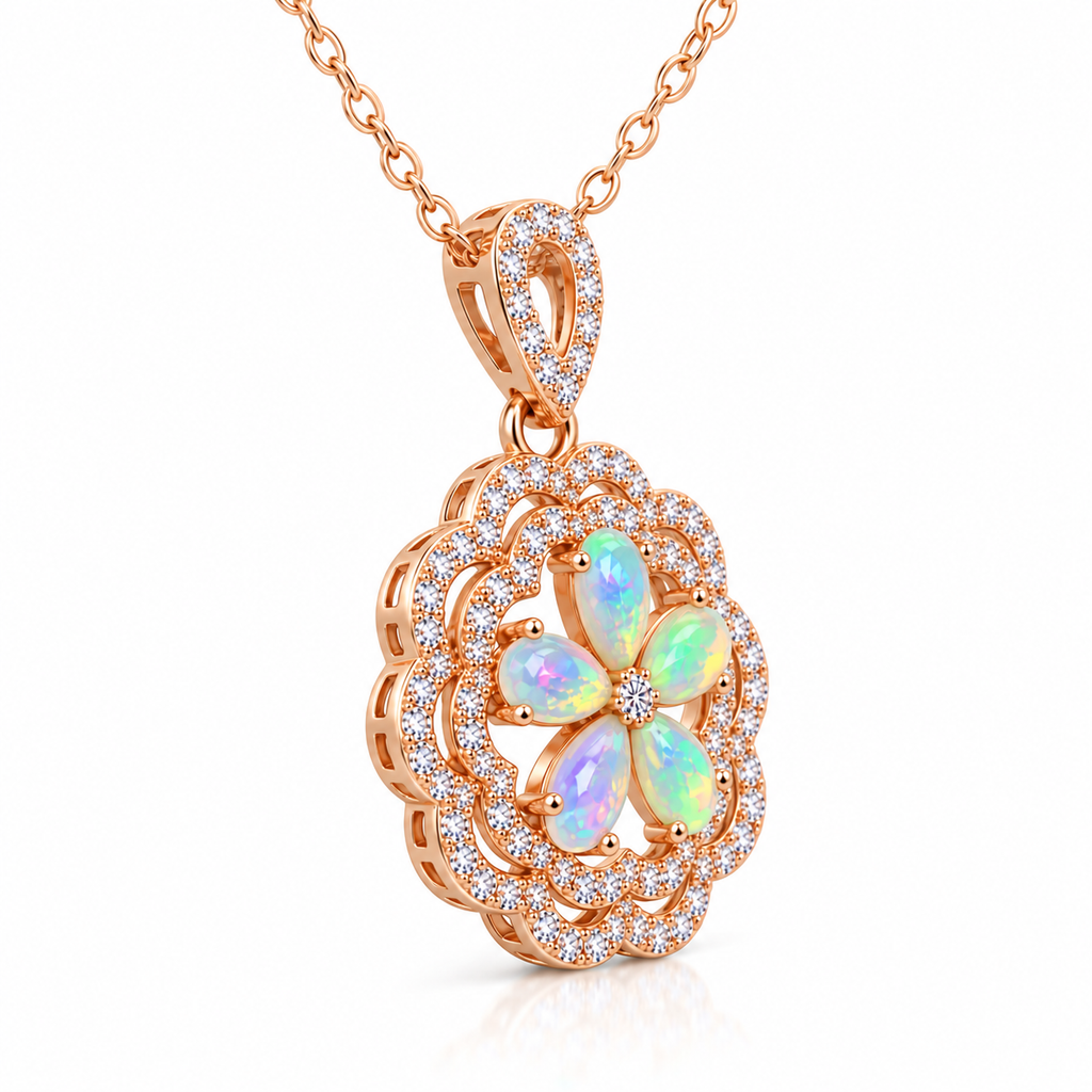 Side angle of Natural Fire Opal flower pendant necklace in rose gold plated 925 sterling silver