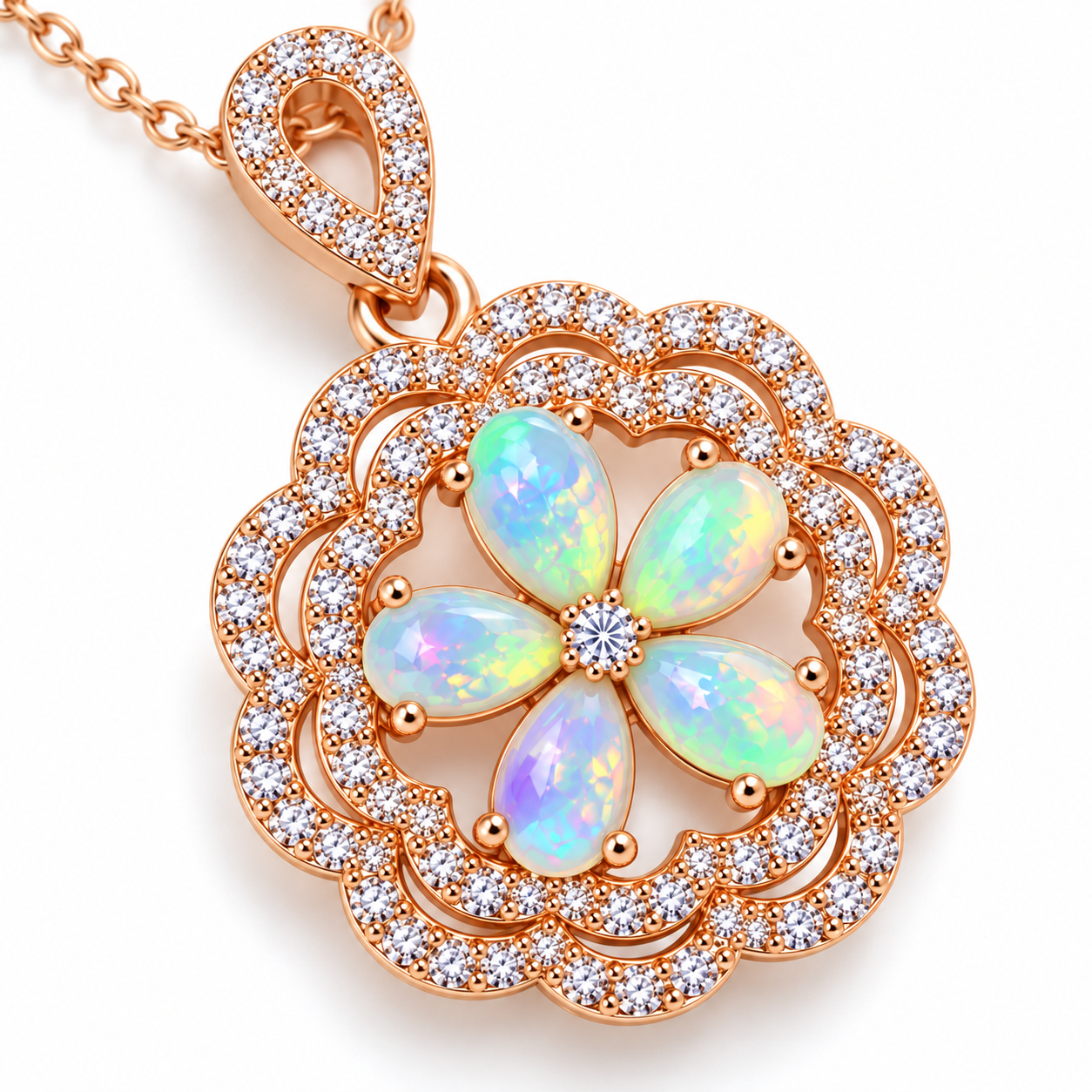 Macro view of colorful 3x5mm Natural Fire Opal gemstones in a floral necklace pendant