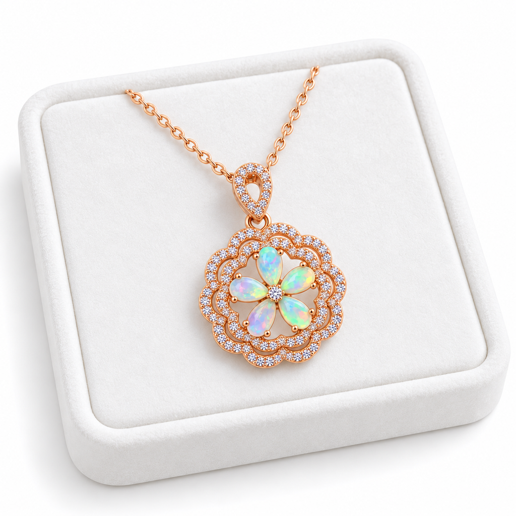Natural 3x5mm Fire Opal floral necklace displayed on a white velvet jewelry tray