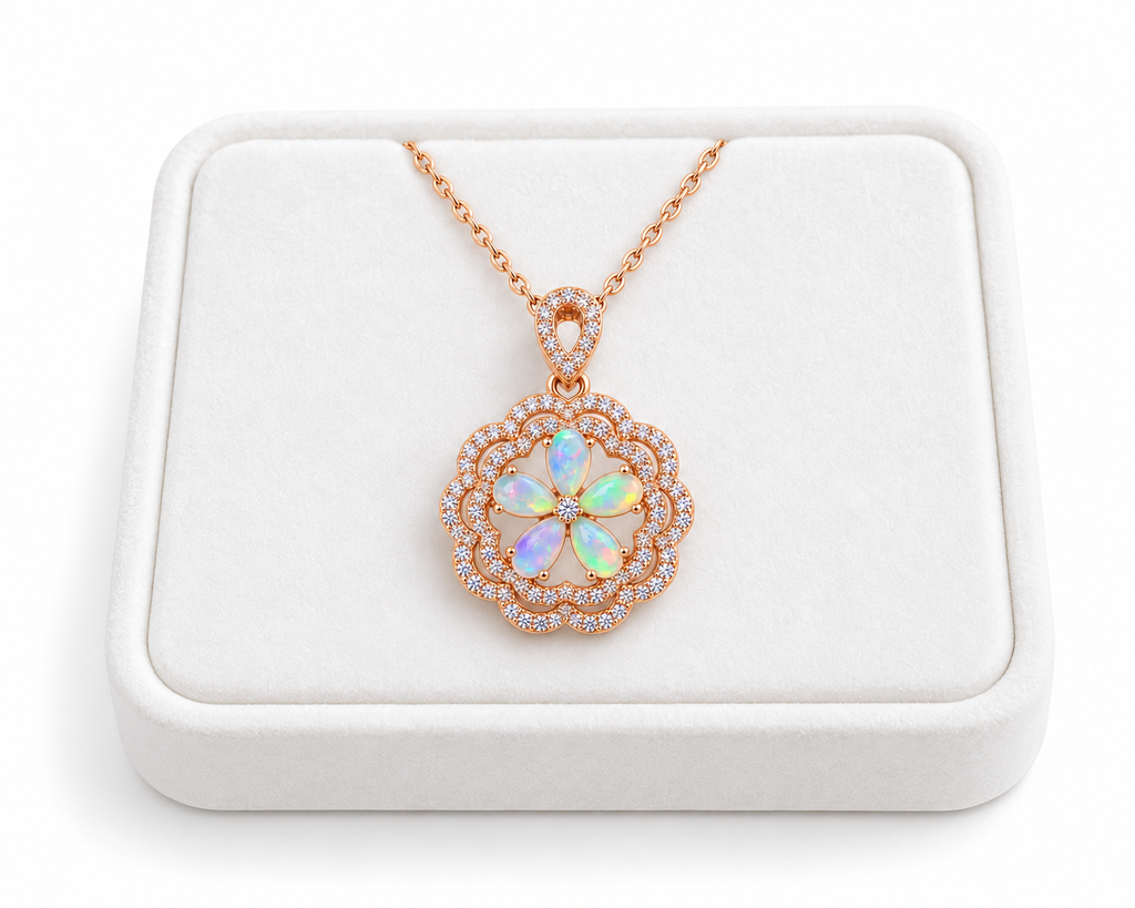 Natural 3x5mm Fire Opal floral necklace displayed on a white velvet jewelry tray