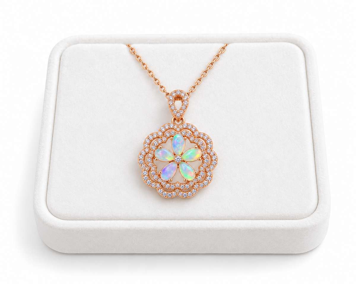 Natural 3x5mm Fire Opal floral necklace displayed on a white velvet jewelry tray