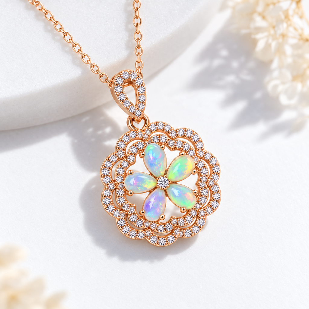 Natural Fire Opal Flower Necklace 3x5mm Multicolor Opal Floral Pendant Rose Gold Plated 925 Sterling Silver