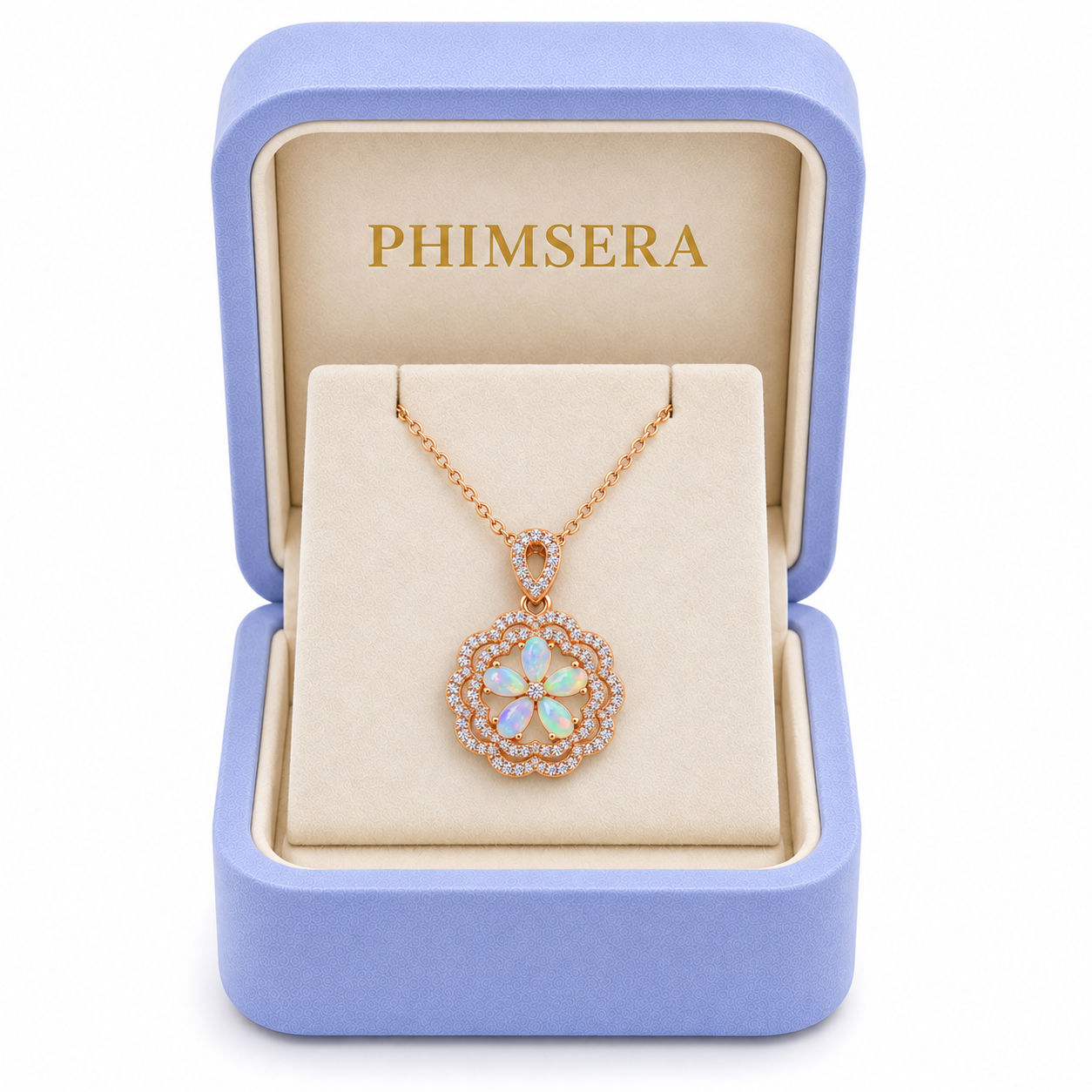 Natural Fire Opal flower necklace with five 3x5mm gemstones presented in a Phimsera jewelry gift box