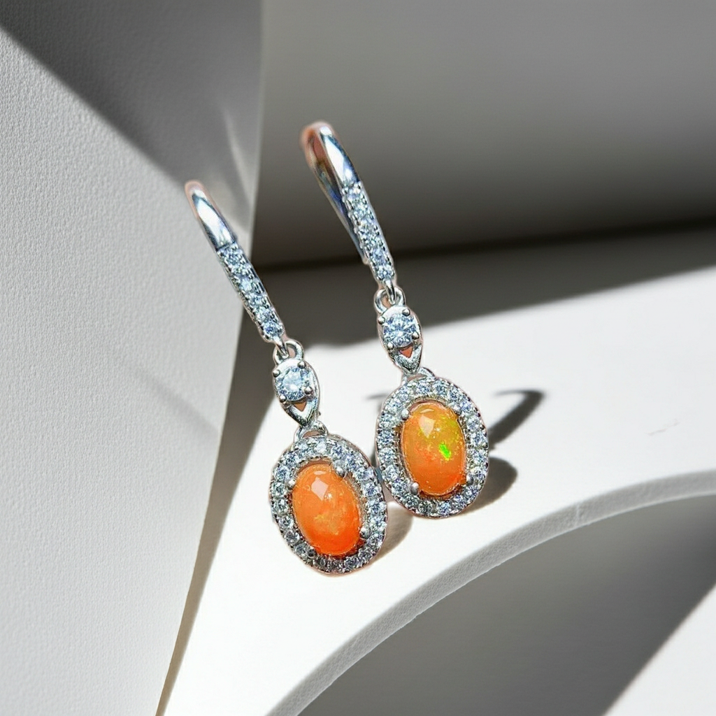 Mexican Orange Fire Opal Dangle Earrings 4x6mm 925 Sterling Silver