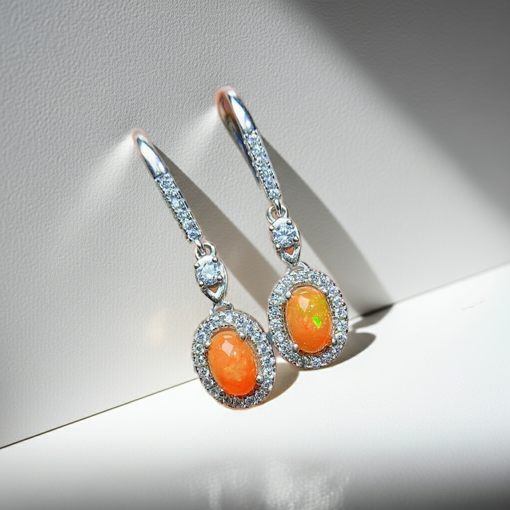 Mexican Orange Fire Opal Dangle Earrings 4x6mm 925 Sterling Silver