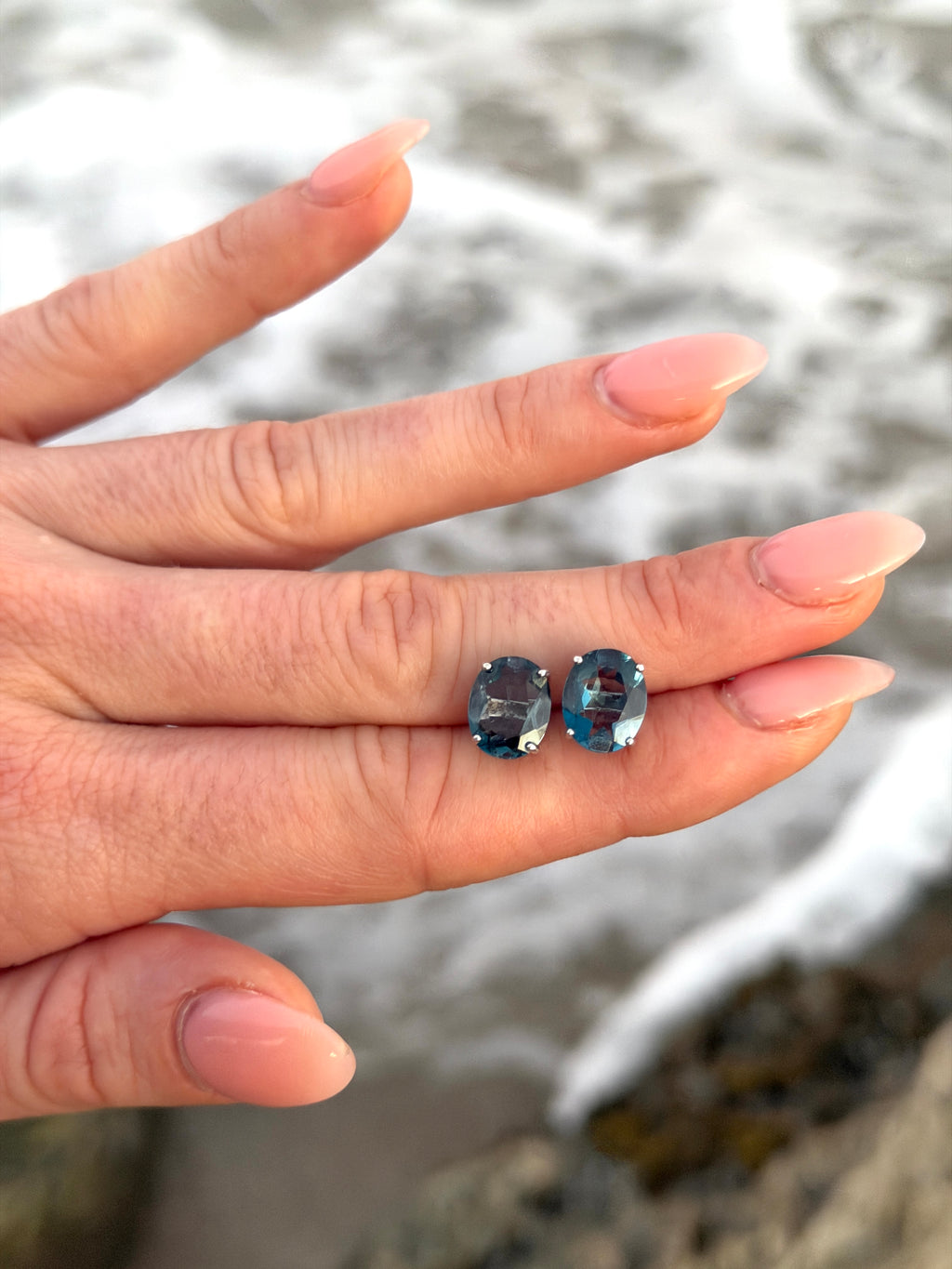 London Blue Topaz Stud Earrings 8x10mm 3CT, Large London Blue Topaz Stud Earrings