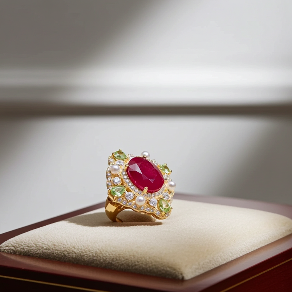 Natural Burma Ruby and Peridot Gemstone Statement Ring