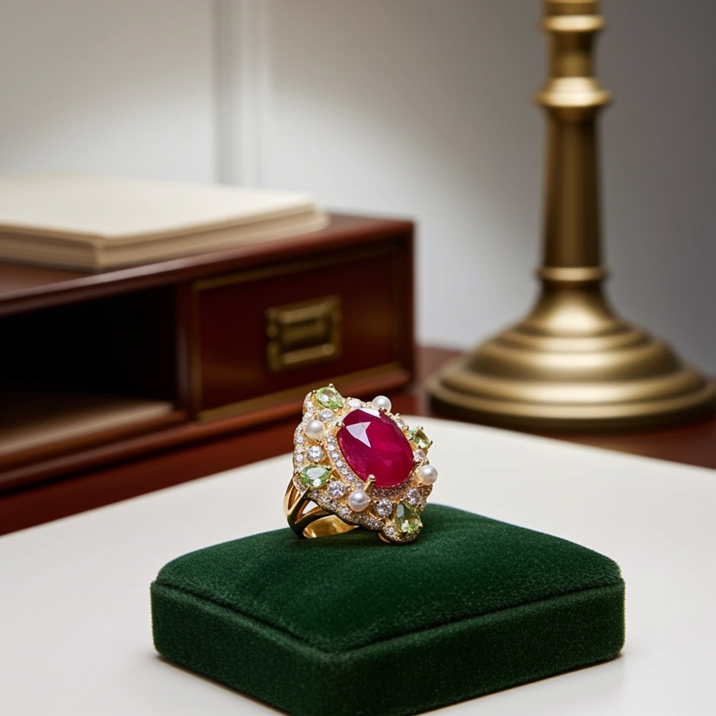 Natural Burma Ruby and Peridot Gemstone Statement Ring