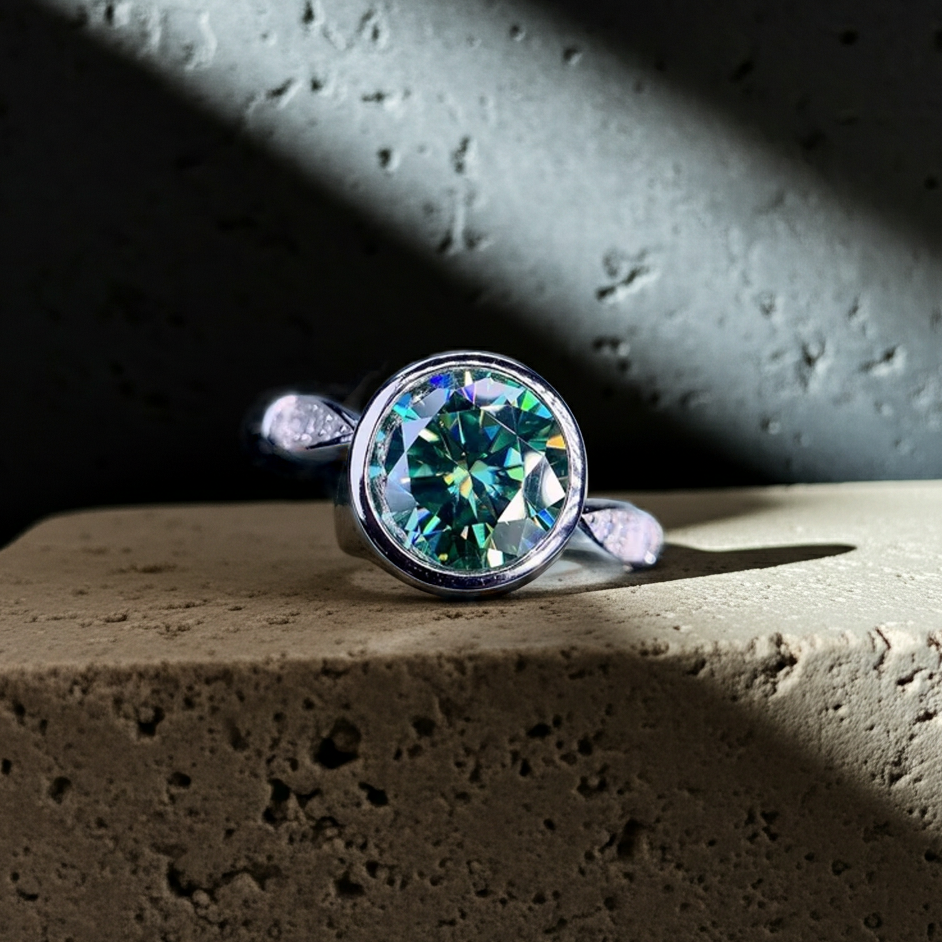 VVS1 2 CT Green Moissanite Ring 8mm Bezel Setting