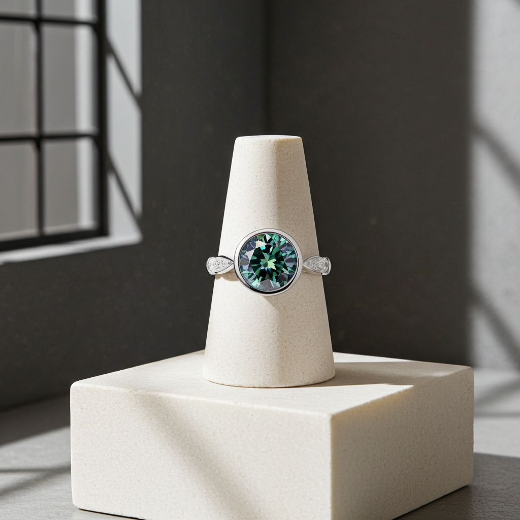 VVS1 2 CT Green Moissanite Ring 8mm Bezel Setting