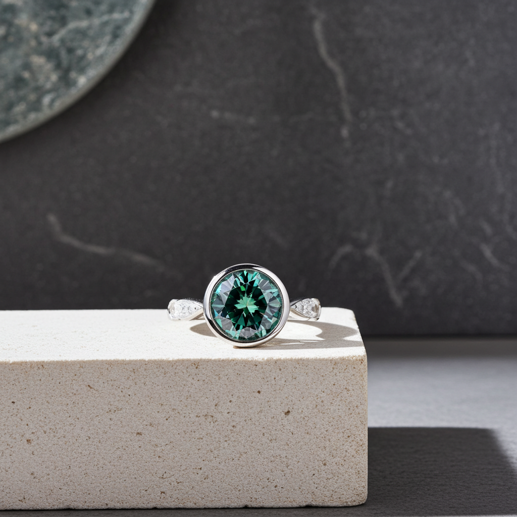 VVS1 2 CT Green Moissanite Ring 8mm Bezel Setting