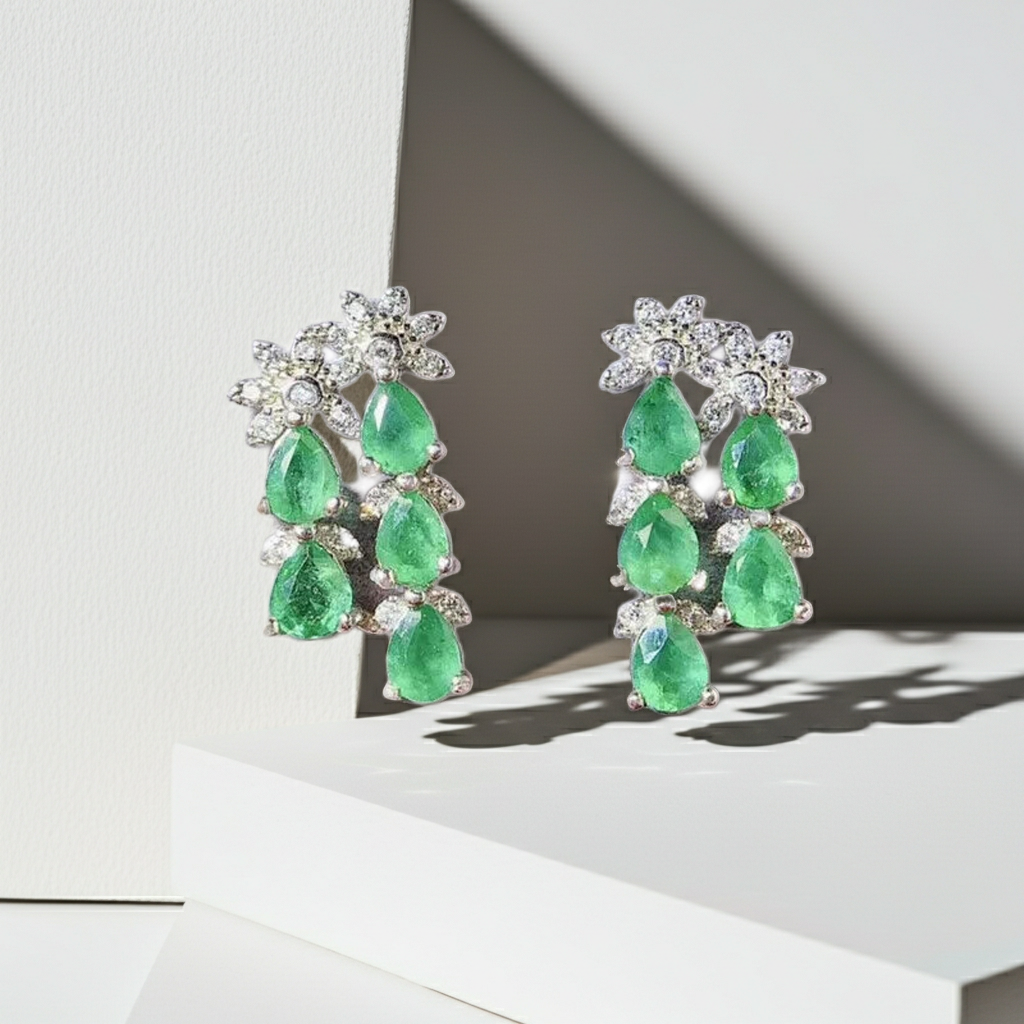 Colombian Emerald Cluster Earrings, Emerald Earrings For Women