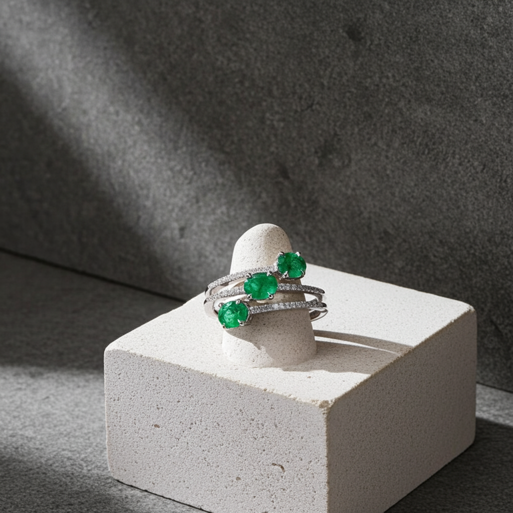 3 Layer Emerald Gemstone Band Ring 3x4mm Sterling Silver
