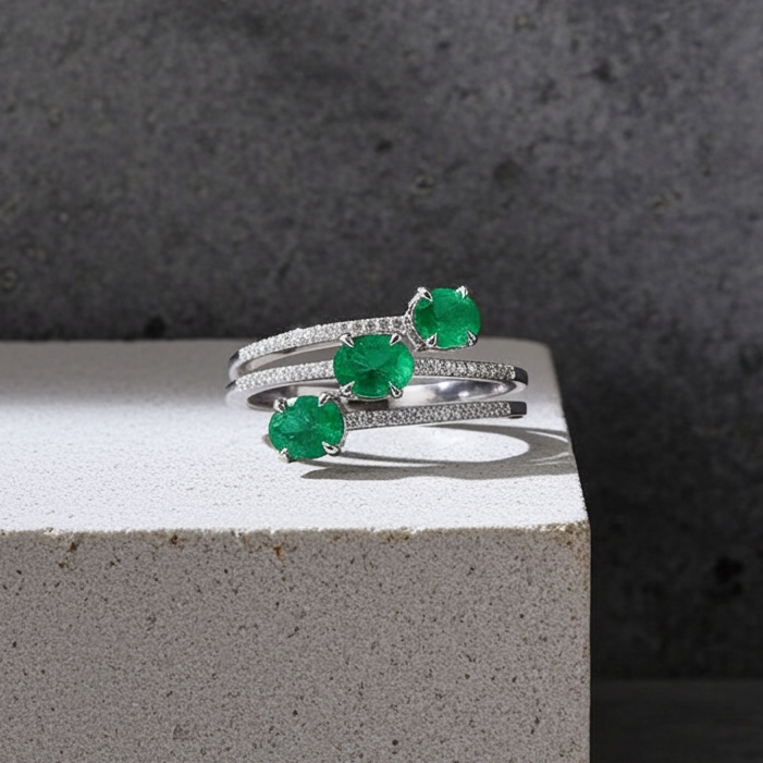 3 Layer Emerald Gemstone Band Ring 3x4mm Sterling Silver