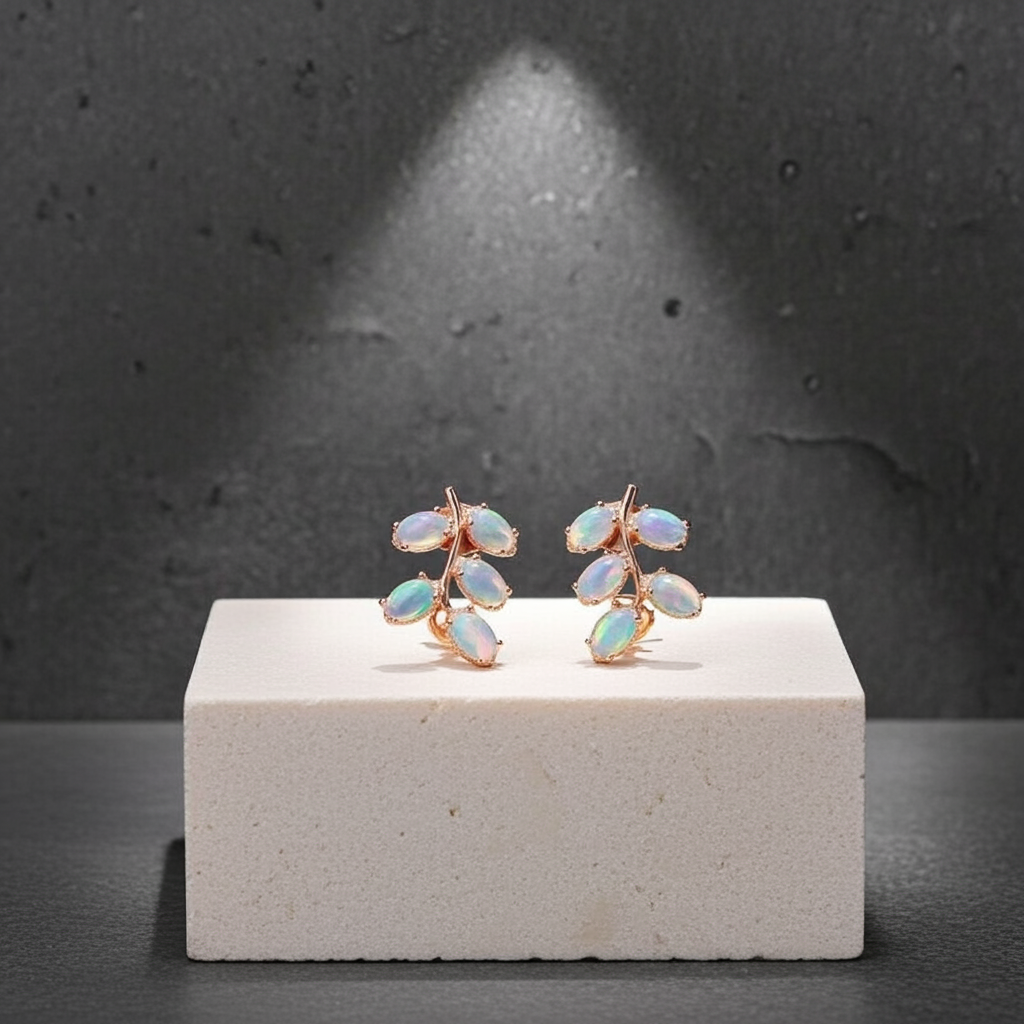 Natural Fire Opal Leaf Stud Earrings 925 Sterling Silver