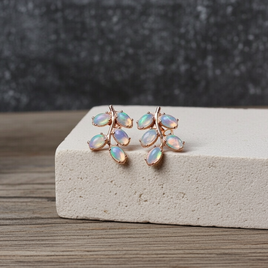 Natural Fire Opal Leaf Stud Earrings 925 Sterling Silver
