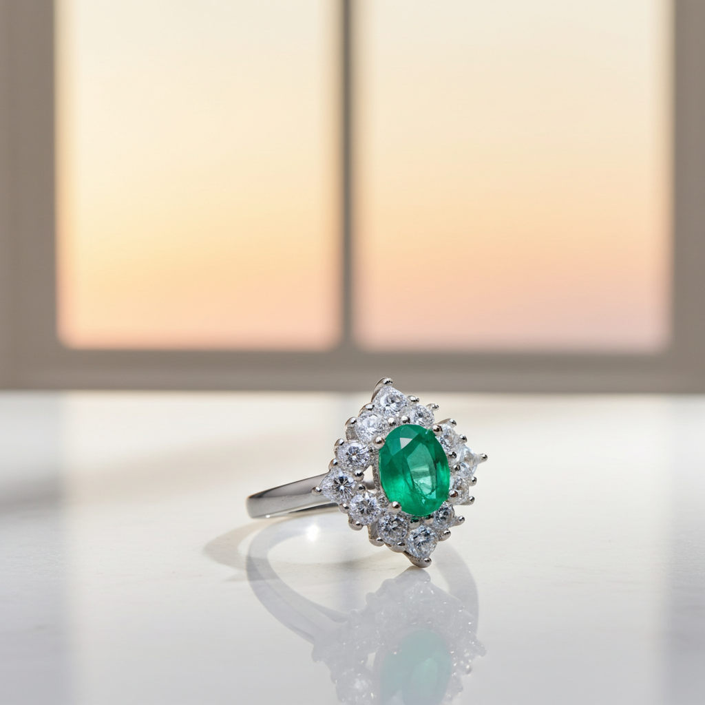 Natural Emerald Ring, Women's Emerald Cluster Ring 4x6mm Sterling Silver