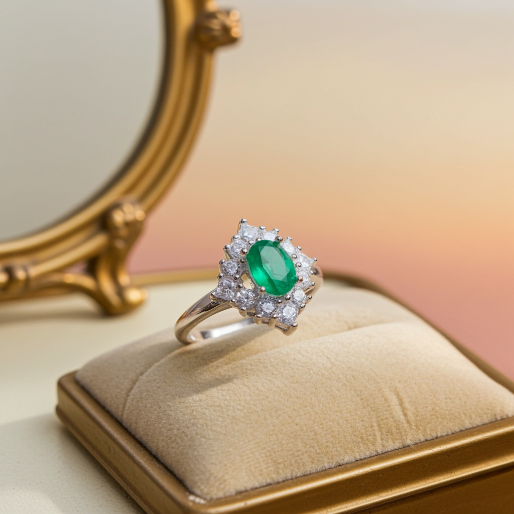 Natural Emerald Ring, Women's Emerald Cluster Ring 4x6mm Sterling Silver